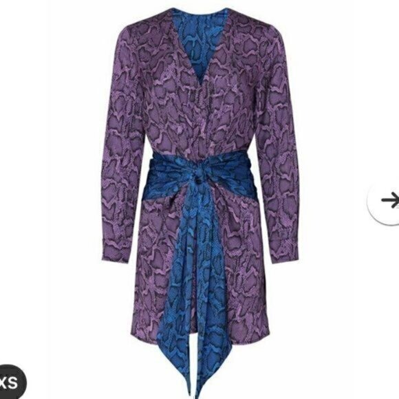 Delfi Mini Dress Jac Tie Snakeskin Print  XS Long Sleeve V-Neck Tie Waist Satin - Picture 2 of 13